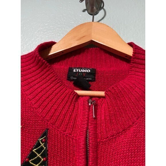 Vintage Designer Originals Studios Women's‎ Red Christmas Tree Sweater Zip Up XL - Picture 6 of 9